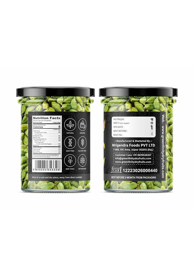 Greenfinity Whole Green Cardamom (Elaichi) 100G | 8 Mm Bold Size Premium Grade Aromatic Non-Gmo Fresh & Large Pods For Cooking, Baking Tea [50G X 2]