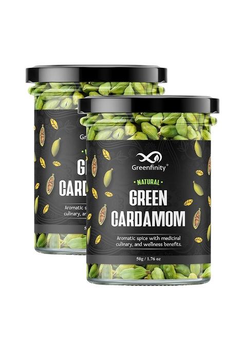 Greenfinity Whole Green Cardamom (Elaichi) 100G | 8 Mm Bold Size Premium Grade Aromatic Non-Gmo Fresh & Large Pods For Cooking, Baking Tea [50G X 2]