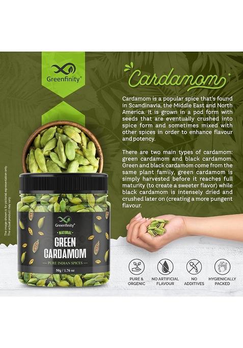 Greenfinity Whole Green Cardamom (Elaichi) 100G | 8 Mm Bold Size Premium Grade Aromatic Non-Gmo Fresh & Large Pods For Cooking, Baking Tea [50G X 2]