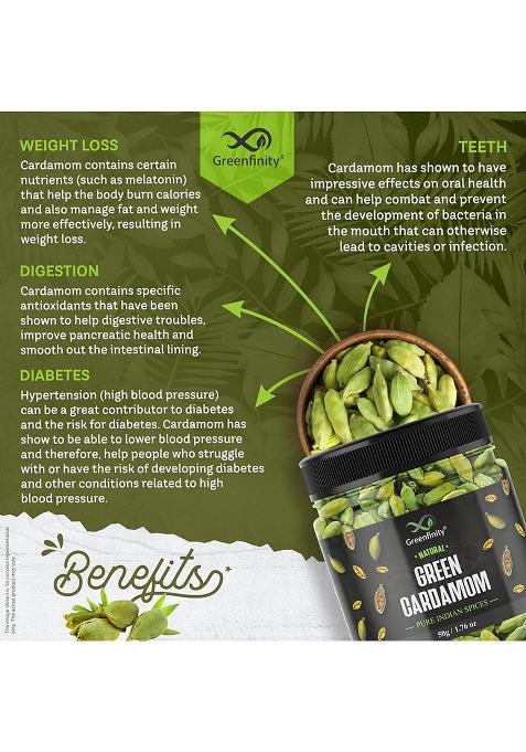 Greenfinity Whole Green Cardamom (Elaichi) 100G | 8 Mm Bold Size Premium Grade Aromatic Non-Gmo Fresh & Large Pods For Cooking, Baking Tea [50G X 2]