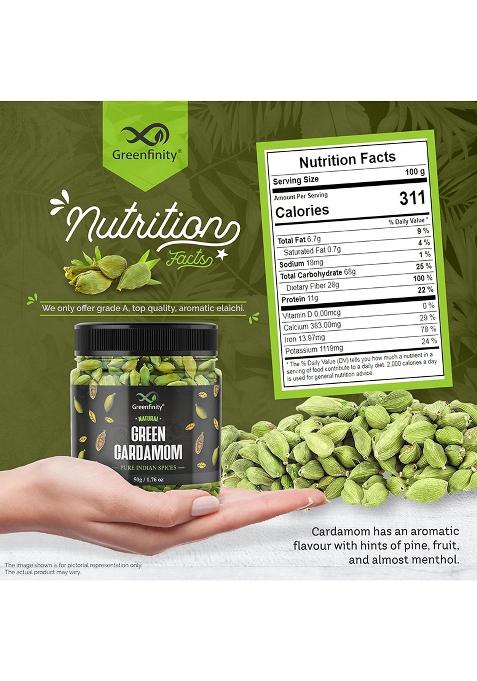 Greenfinity Whole Green Cardamom (Elaichi) 100G | 8 Mm Bold Size Premium Grade Aromatic Non-Gmo Fresh & Large Pods For Cooking, Baking Tea [50G X 2]