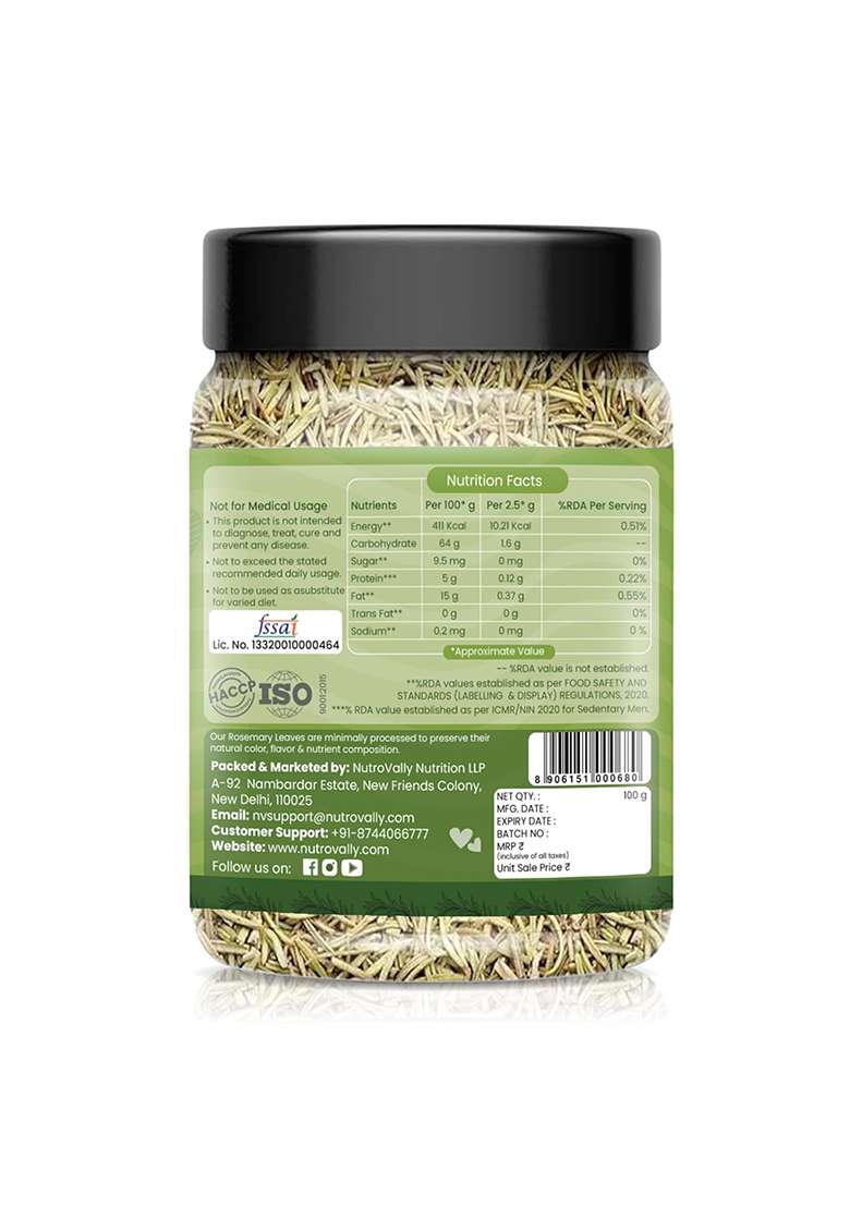 Nutrovally Rosemary Leaves 100G|For Seasoning & Helps In Hair Growth|100% Natural Dried Leaves|Food Grade With Mist Spray| Organic Dry |Perfect For Pasta, Salads, Chicken, Teas, Soups - Indya