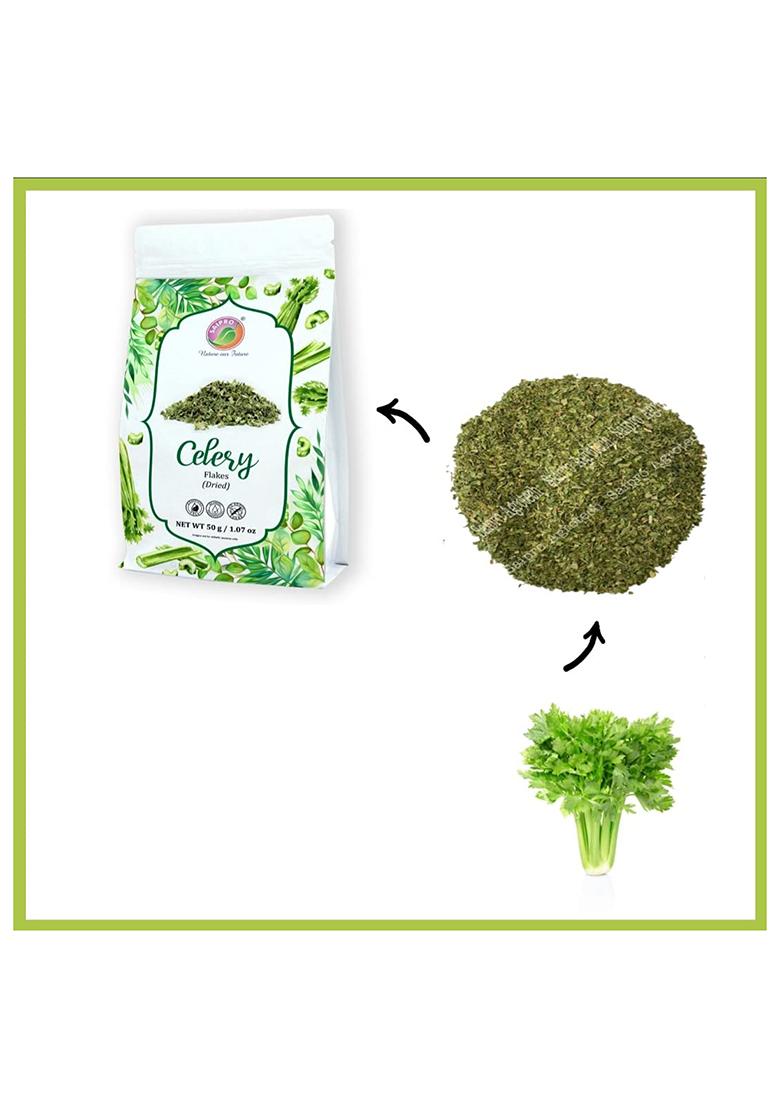 Saipro Nature Our Future Dried Celery Flakes 50 Gm, Leaves For Juices, Salads, Soups Smoothies | Herbs Seasoning| Sausage| Pesto| Natural, No Preservatives