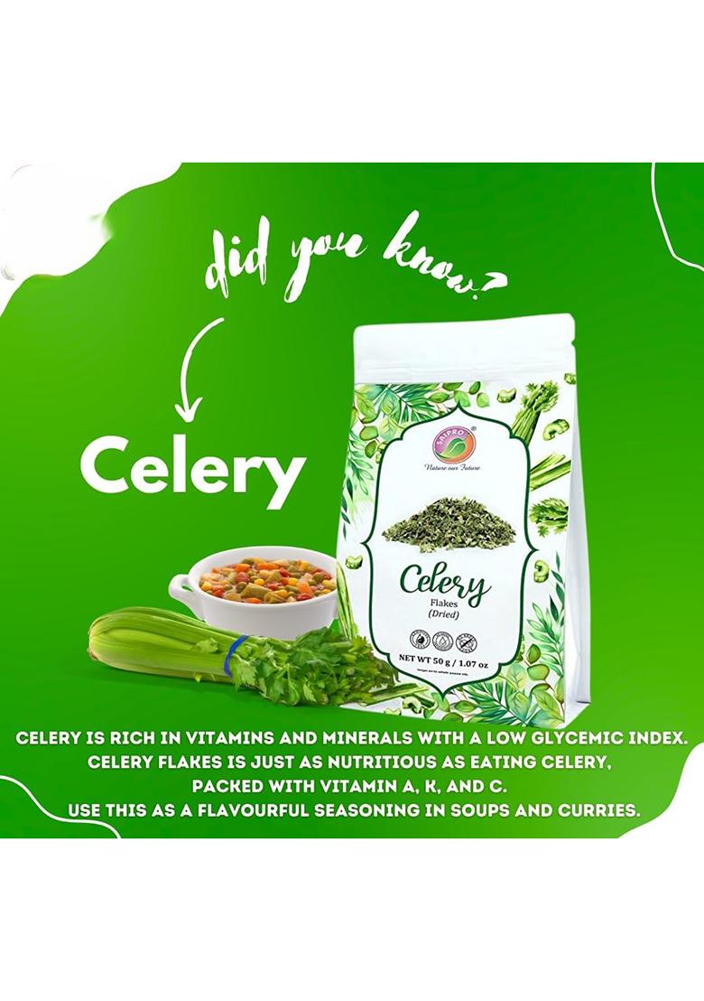Saipro Nature Our Future Dried Celery Flakes 50 Gm, Leaves For Juices, Salads, Soups Smoothies | Herbs Seasoning| Sausage| Pesto| Natural, No Preservatives