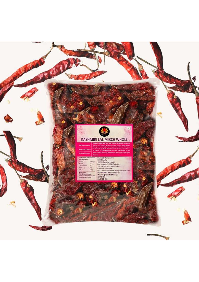 C.H.K. Masala Whole Kashmiri Lal Mirchi - 200 Grams | Sabut Mirch Stemless Handpicked & Natural Sukhi High Paprika Less Spicy Dry Red Chilly Indian - Indya