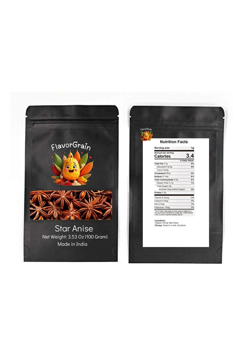 Flavorgrain Star Anise 100 Grams | Aromatic And Flavorful Dried Pods For Cooking Baking Traditional Indian Whole Spices Kitchen Chakri Phool Khada Masala