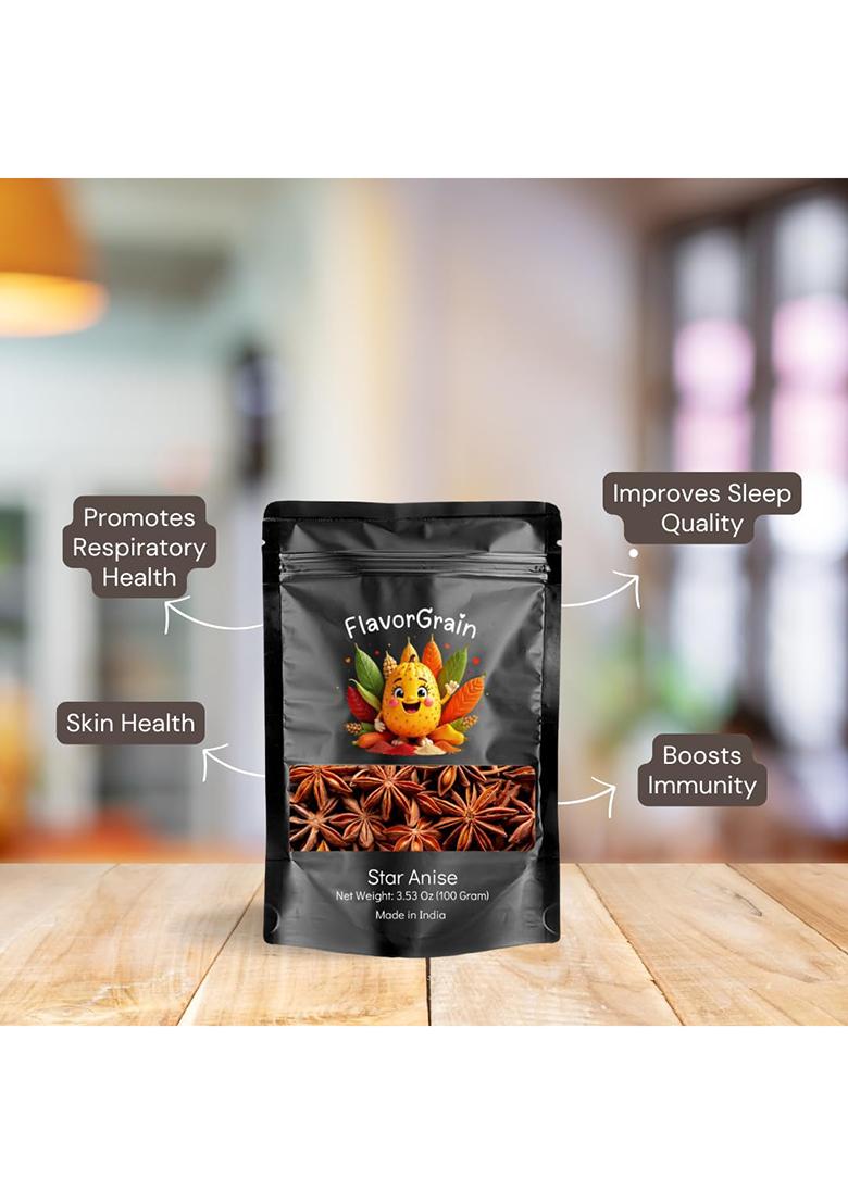 Flavorgrain Star Anise 100 Grams | Aromatic And Flavorful Dried Pods For Cooking Baking Traditional Indian Whole Spices Kitchen Chakri Phool Khada Masala