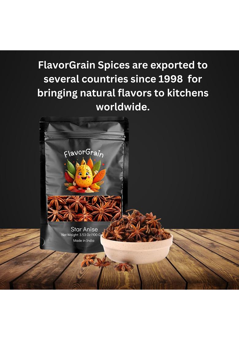 Flavorgrain Star Anise 100 Grams | Aromatic And Flavorful Dried Pods For Cooking Baking Traditional Indian Whole Spices Kitchen Chakri Phool Khada Masala