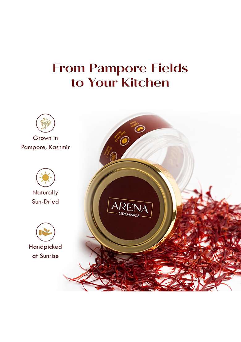 Arena Organica Kashmiri Mongra Saffron | Gi-Tagged Pampore Origin Grade-A Pure Kesar Iso 3632 Tested Premium Zafran Threads (1G) - Indya