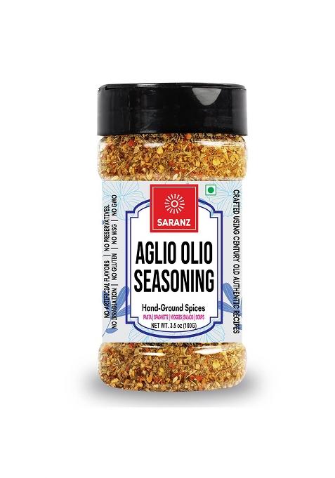 Saranz Aglio Olio Mix Exotic Seasoning Ideal For Salads, Soups, Main Dishes, Pasta, Spaghetti, And Vegetables Dairy-Free, Gluten-Free, Aromatic Vegan Seasonings-100 Grams Sprinkler Jar