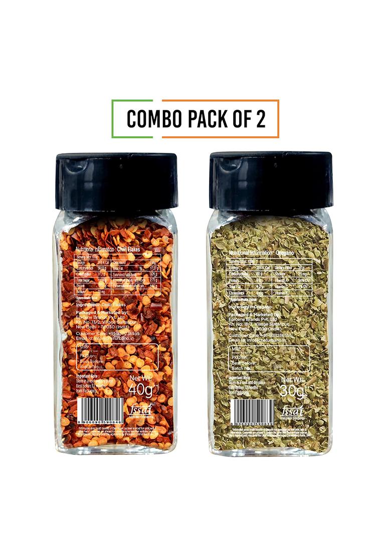 Chef Urbano Combo Of Oregano 30G & Chilli Flakes 40G Sprinkler | (Pack 2) Italian Herbs Pizza And Pasta Seasoning Premium Spices Flakes/Leaves Glass Bottle