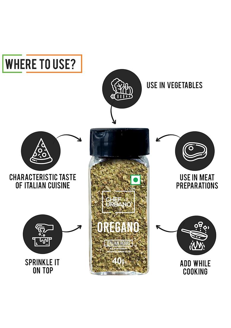 Chef Urbano Combo Of Oregano 30G & Chilli Flakes 40G Sprinkler | (Pack 2) Italian Herbs Pizza And Pasta Seasoning Premium Spices Flakes/Leaves Glass Bottle