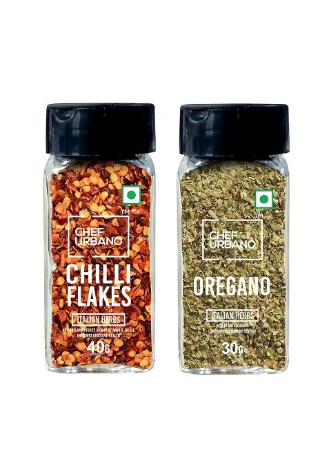 Chef Urbano Combo Of Oregano 30G & Chilli Flakes 40G Sprinkler | (Pack 2) Italian Herbs Pizza And Pasta Seasoning Premium Spices Flakes/Leaves Glass Bottle