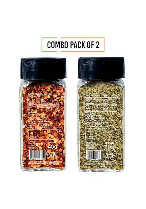 Chef Urbano Combo Of Oregano 30G & Chilli Flakes 40G Sprinkler | (Pack 2) Italian Herbs Pizza And Pasta Seasoning Premium Spices Flakes/Leaves Glass Bottle