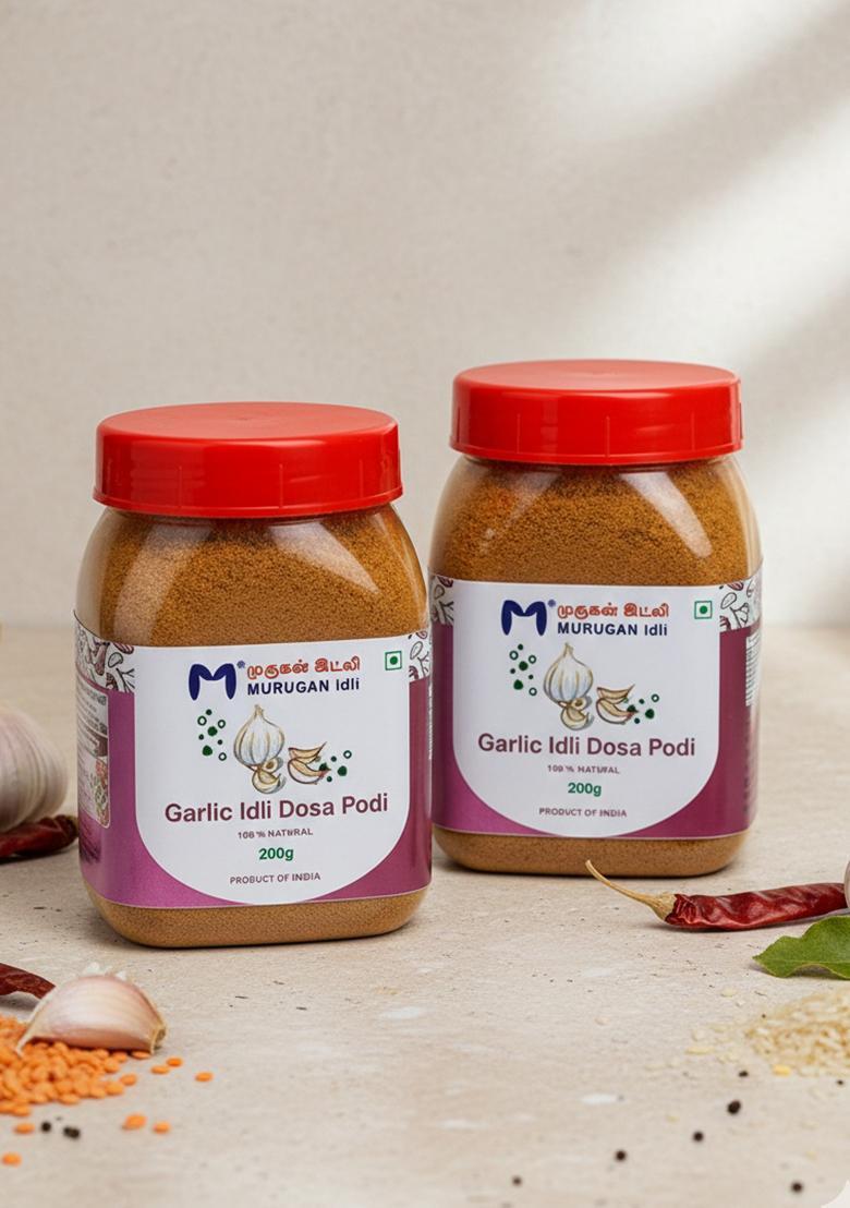 Murugan Idli Garlic Podi Pack Of 2 (200G + 200G) | Authentic South Indian Spiced Powder For Idli, Dosa & Rice Perfect Breakfast, Snacks Cooking Traditional Flavor Rich Tast