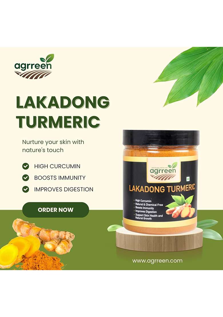 Agrreen Lakadong Turmeric Powder | 100% Pure & Natural High Curcumin (8%+) Sourced From Meghalaya Immunity Booster Chemical-Free, Sun-Dried Haldi 200G - Indya