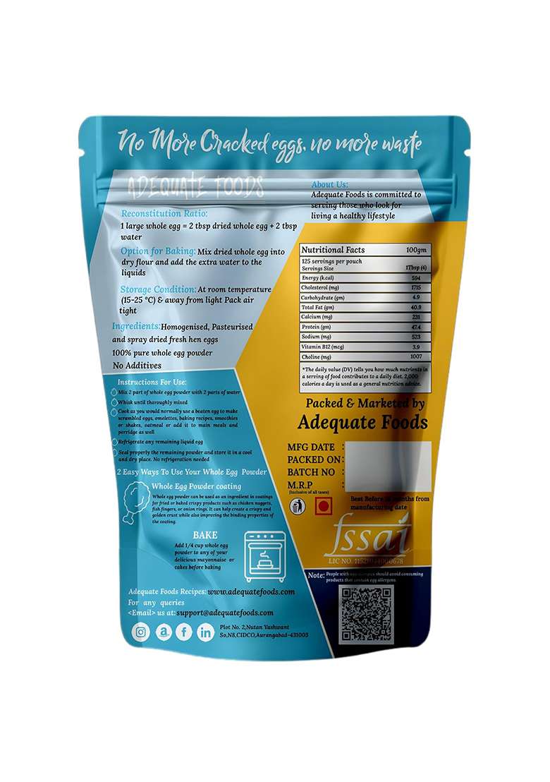 Adequate Foods Whole Egg Powder 500G 100% Pure & Pasteurized, High-Protein Shelf-Stable For Baking, Cooking Fitness (125 Omelets Per Pack) - Indya
