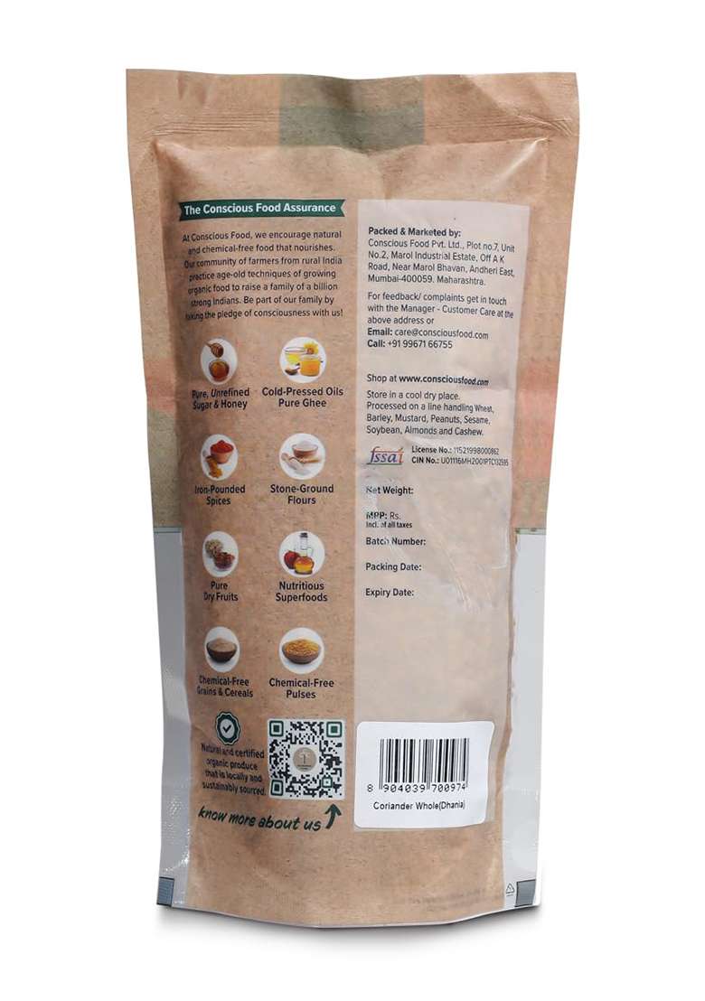 Conscious Food Organic Whole Coriander Seeds | 100G Certified Dhaniya, Dhana Dal, Kothamalli, Dhane, Dhonay, Kothmiri Strong Flavour - Indya