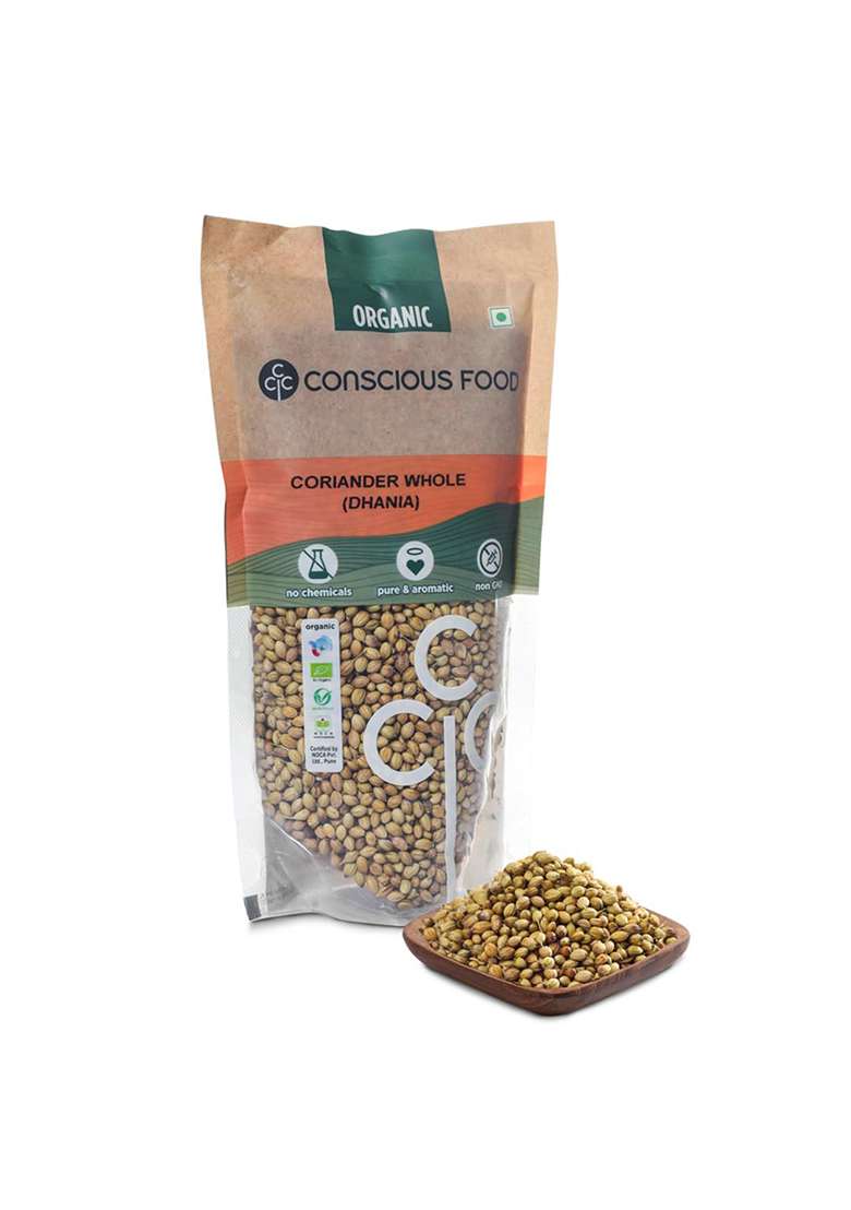 Conscious Food Organic Whole Coriander Seeds | 100G Certified Dhaniya, Dhana Dal, Kothamalli, Dhane, Dhonay, Kothmiri Strong Flavour - Indya