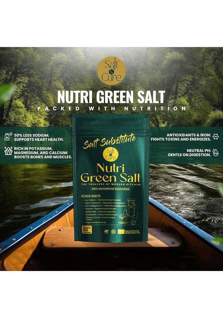 Salt & Cure Nutri Green - 100 Gms | Dehydrated Salicorna Organic Substitute Less In Sodium Than Regular Additives Free Vegan And Gluten-Free (Pack Of 1) - Indya