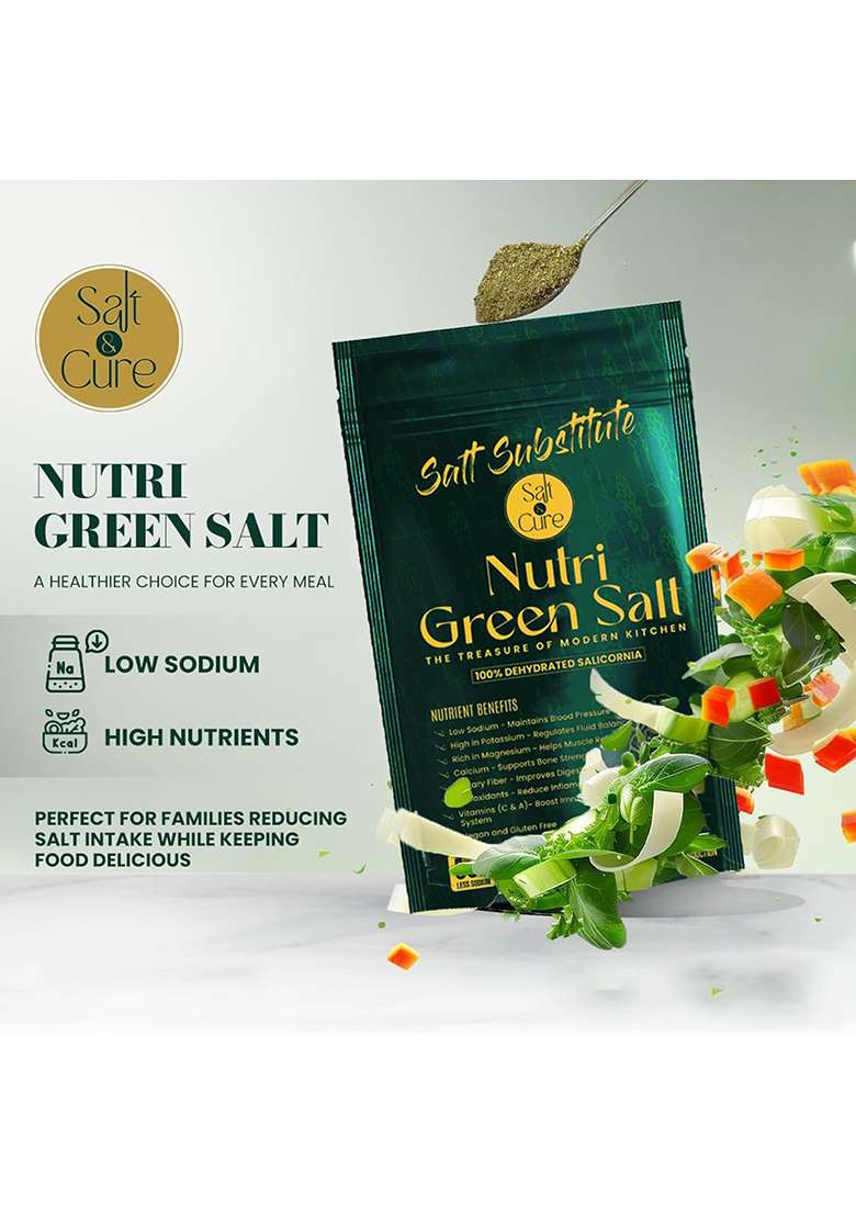 Salt & Cure Nutri Green - 100 Gms | Dehydrated Salicorna Organic Substitute Less In Sodium Than Regular Additives Free Vegan And Gluten-Free (Pack Of 1) - Indya