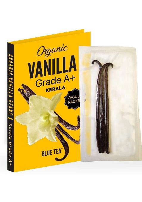 Blue Tea - Vanilla Beans (Kerala Organic Farms) 3 Pods (12-15 Grams) | Vacuum Sealed Prime Gourmet Grade A 5~6 For Baking, Extract, Coffee, Brewing, Cooking Featured In Shark Tank Pack
