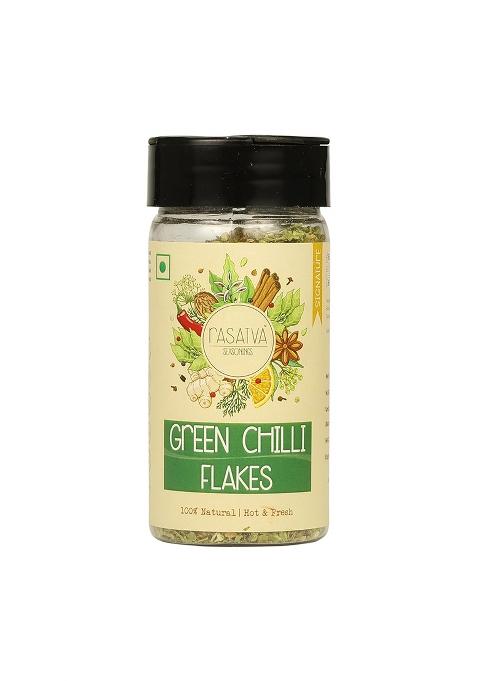 Rasatva Green Chilli Flakes | Hot & Fresh 100% Natural No Additives Preservatives Seasoning For Pizza, Pasta, Snacks, Salads More 30 Grams (Pack Of 1)