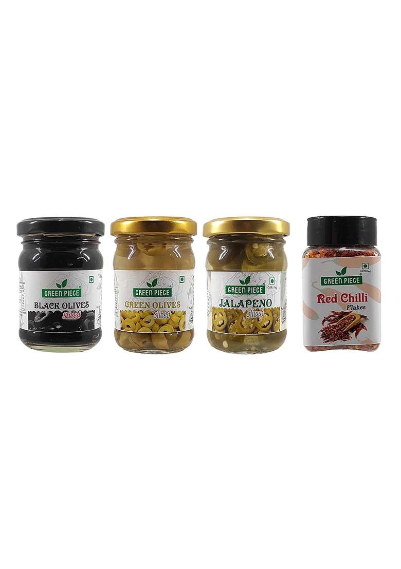 K3 Masala Green Piece Black Olives (120Gm),Green (120Gm),Jalapeno Sliced (120Gm) And Red Chilli Flakes (50Gm) (Pack Of 4) (410 G) - Indya