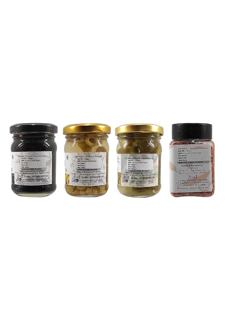 K3 Masala Green Piece Black Olives (120Gm),Green (120Gm),Jalapeno Sliced (120Gm) And Red Chilli Flakes (50Gm) (Pack Of 4) (410 G) - Indya