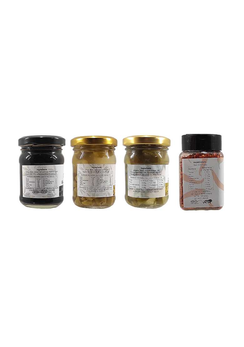 K3 Masala Green Piece Black Olives (120Gm),Green (120Gm),Jalapeno Sliced (120Gm) And Red Chilli Flakes (50Gm) (Pack Of 4) (410 G) - Indya