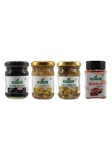 K3 Masala Green Piece Black Olives (120Gm),Green (120Gm),Jalapeno Sliced (120Gm) And Red Chilli Flakes (50Gm) (Pack Of 4) (410 G)