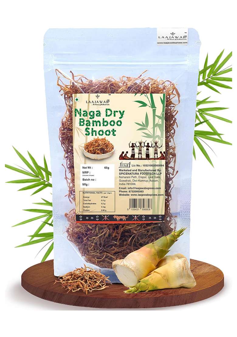 Laajawab Naga Dry Bamboo Shoot With Authentic Dried Shoots From Nagaland; Use In Pork, Chicken And Traditional Dishes; 100% Natural, 65G - Indya