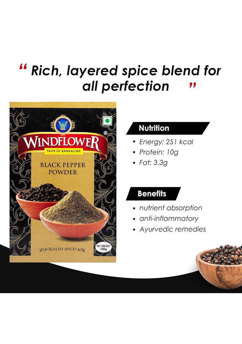 Windflower Black Pepper Powder 100G | Pure & Aromatic Kali Mirch Whole Ground For Cooking, Seasoning Spices