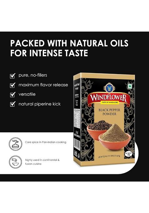 Windflower Black Pepper Powder 100G | Pure & Aromatic Kali Mirch Whole Ground For Cooking, Seasoning Spices