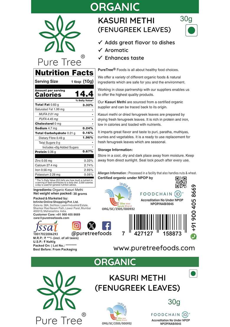 Pure Tree Certified Organic Kasuri Methi Leaves | 30 G Dried Fenugreek Leaf Add Flavour And Aroma To Dishes Spice - Indya