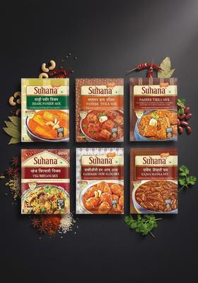 Suhana Veg Spice Mixes - Paneer Butter, Biryani, Tikka, Shahi Paneer, Kashmiri Dum Aloo, Rajma Masala -Combo Of 6