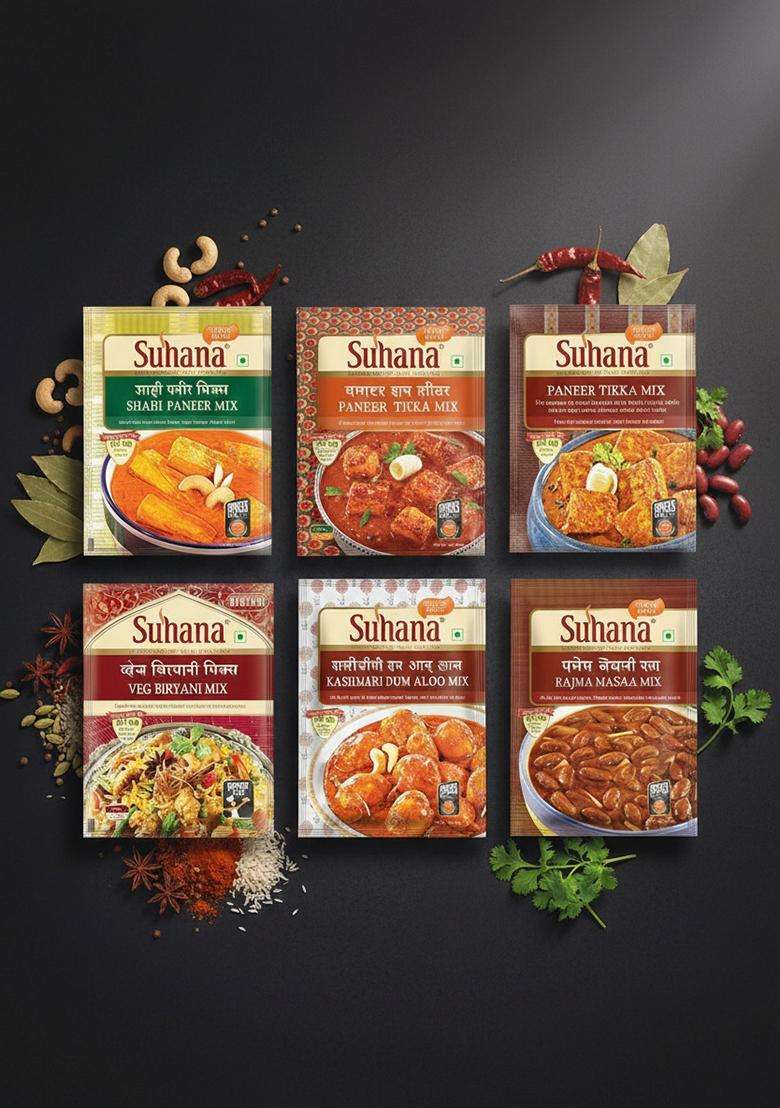 Suhana Veg Spice Mixes - Paneer Butter, Biryani, Tikka, Shahi Paneer, Kashmiri Dum Aloo, Rajma Masala -Combo Of 6 - Indya