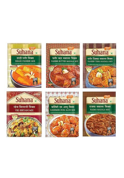 Suhana Veg Spice Mixes - Paneer Butter, Biryani, Tikka, Shahi Paneer, Kashmiri Dum Aloo, Rajma Masala -Combo Of 6