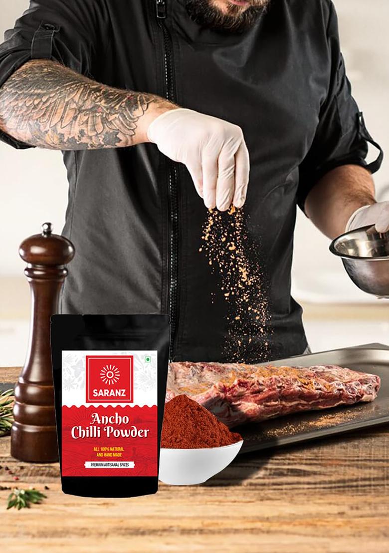 Saranz Ancho Red Chilli Powder|Spice Blend Perfect For Cooking|Used In Meats,Soups,Chilli,Salsas & Sauces|Natural Organic Redchilli Powder With Rich Strong Flavours|Mexican Spice|Smokey Flavor-200Gm