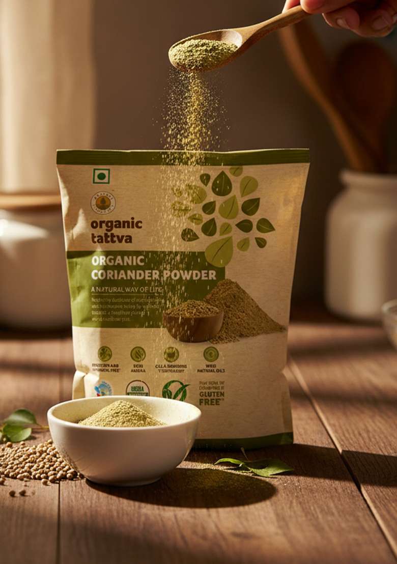 Organic Tattva Tattva, Dried Coriander Powder (Dhaniya) | Quality Dhaniya Powder, Naturally Processed, From Farm Picked Fresh Seeds (100 G, Pouch) - Indya