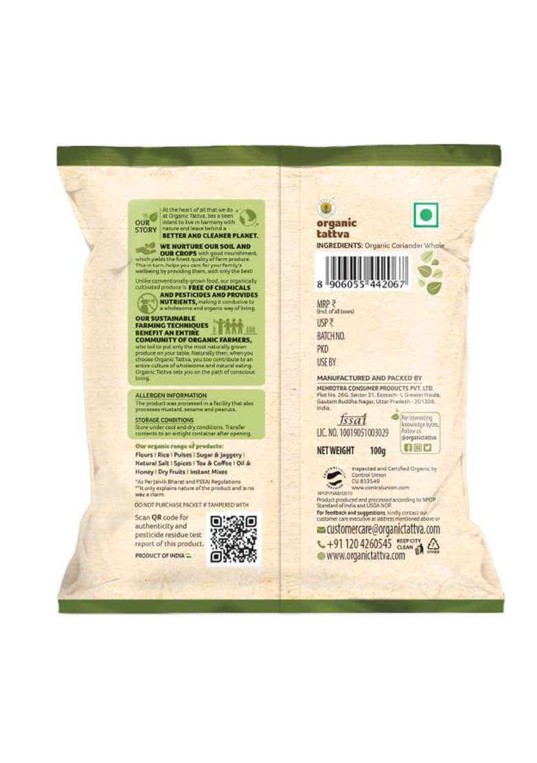 Organic Tattva Tattva, Dried Coriander Powder (Dhaniya) | Quality Dhaniya Powder, Naturally Processed, From Farm Picked Fresh Seeds (100 G, Pouch) - Indya