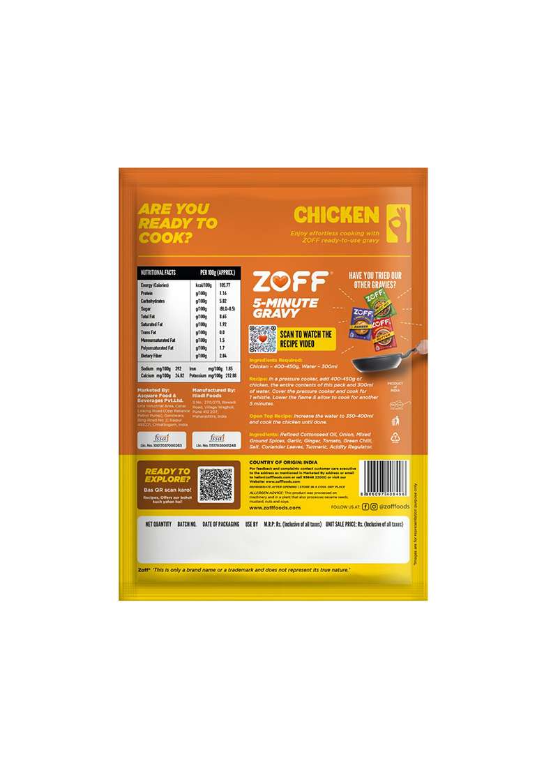 Zoff 5 Minute - Ready To Eat Chicken Gravy Mix Quick & Easy Indian Curry For Travel Home Authentic Homestyle Flavor Perfect With Rice, Roti, Or Bread 90G - Indya