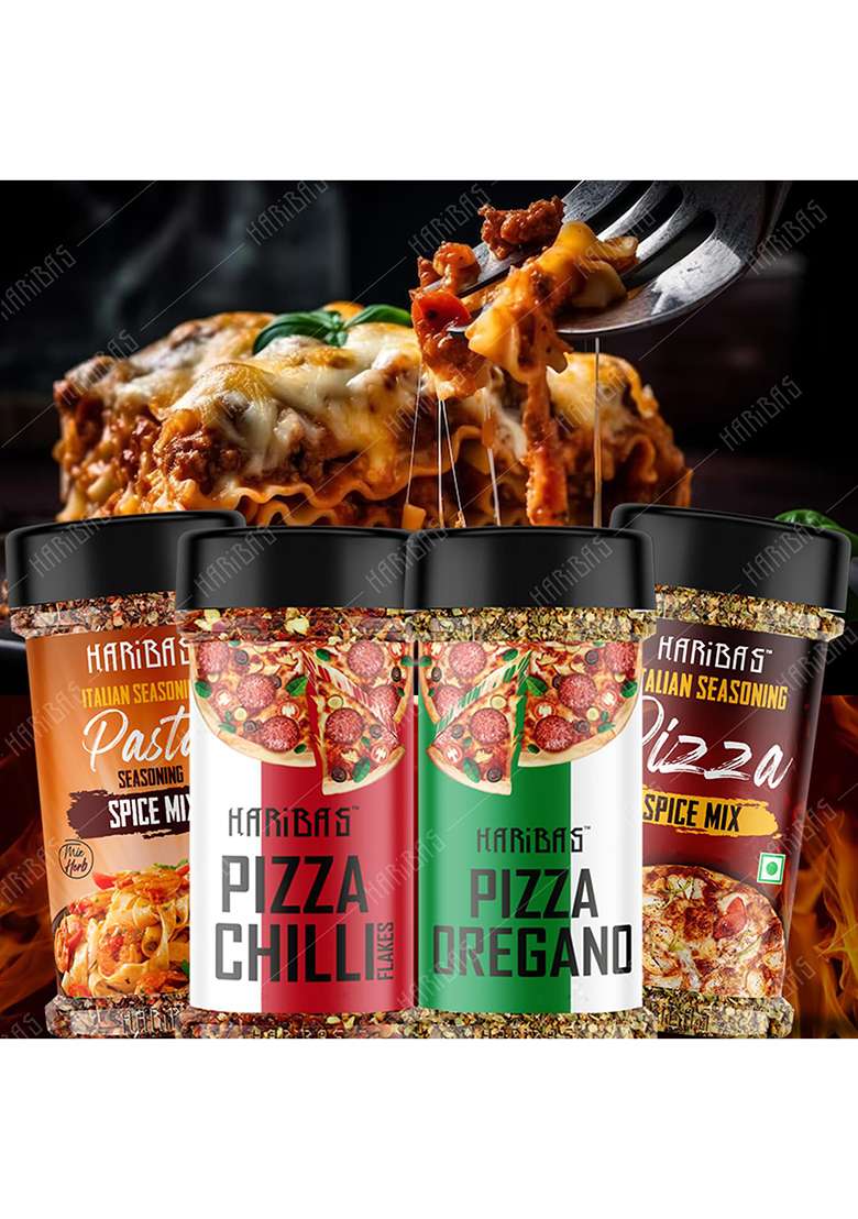 Haribas Italian Combo Pasta 50Gm, Chilli Flakes 40Gm, Oregano 40Gm And Pizza Spice Mix 60Gm (Pack Of 4) - Indya