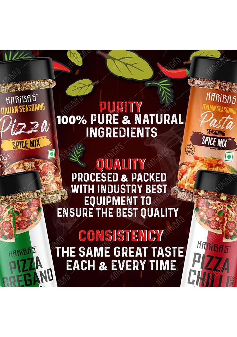 Haribas Italian Combo Pasta 50Gm, Chilli Flakes 40Gm, Oregano 40Gm And Pizza Spice Mix 60Gm (Pack Of 4) - Indya