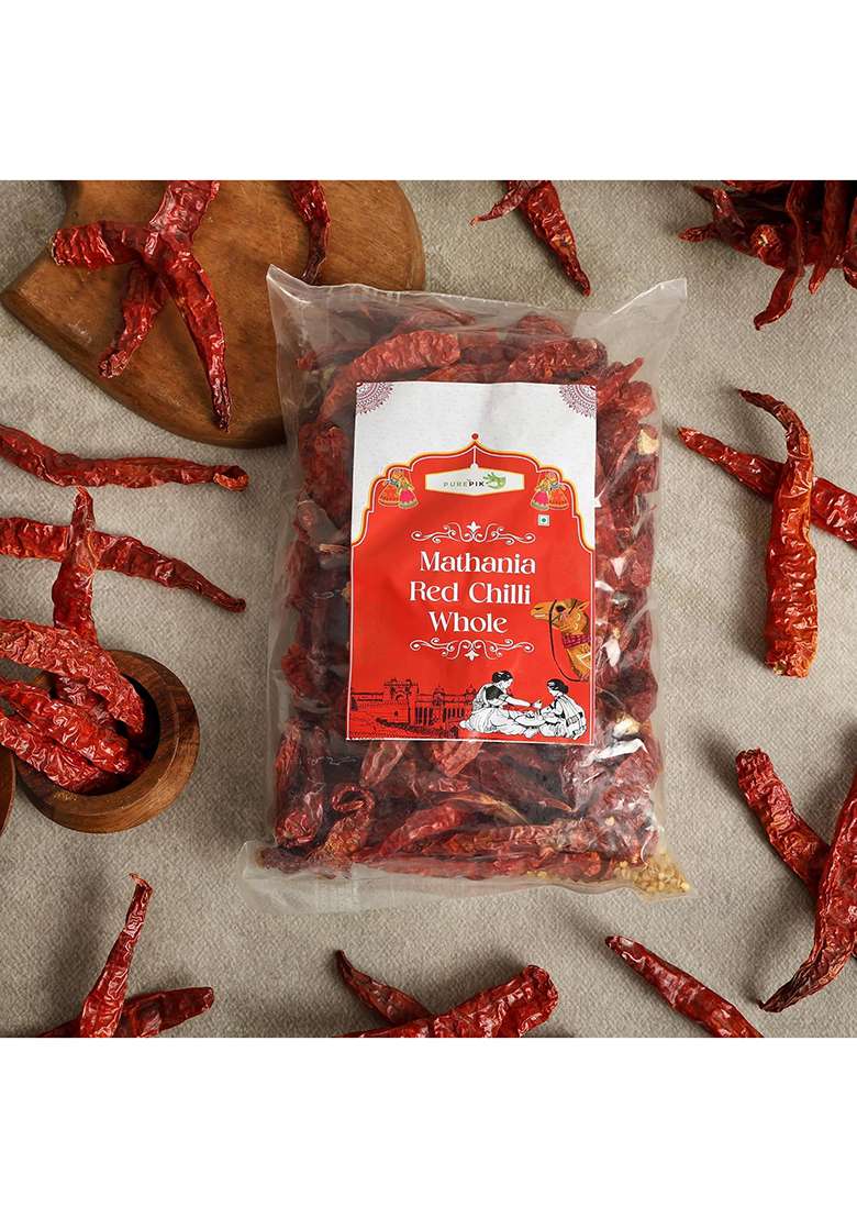 Pure Pik Mathania Red Chilli Whole (Lal Mirch Sabut) Stemless - 200 Gram - Indya
