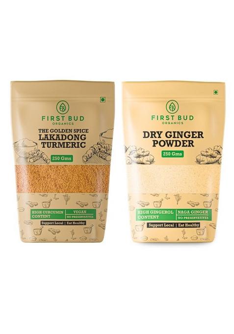 First Bud Organics Golden Spice Lakadong Turmeric Powder And Ginger Combo Chemical Free Haldi Powder,500 G