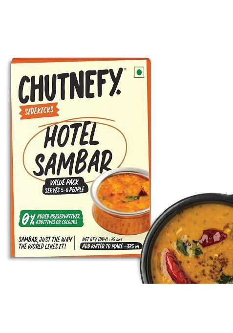 Chutnefy | Hotel Sambar Ready-To-Eat Instant Side Dish 100% Natural Ingredients Pack Of 1*75Gms 5-6 Servings No Cooking Required Preservatives, Additives, Artificial Colours Or Fillers