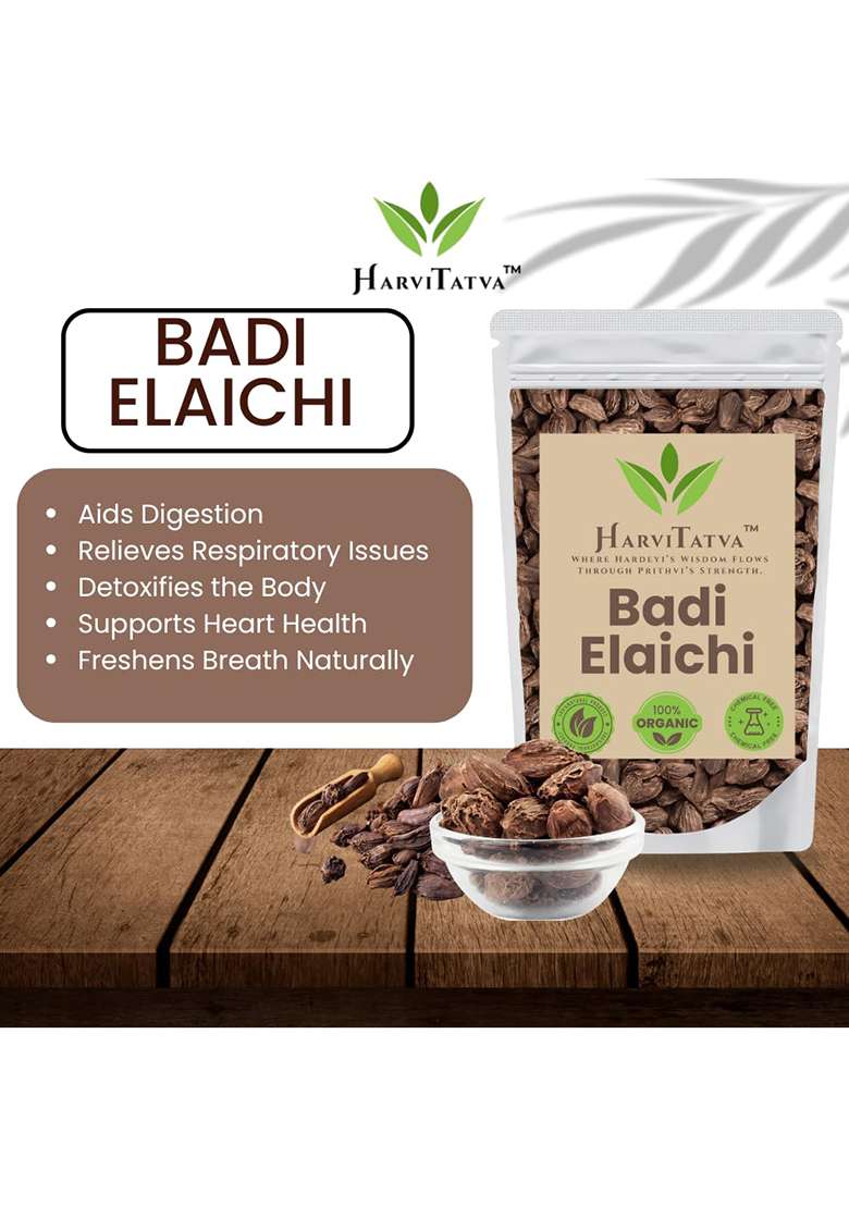 Harvitatva Badi Elaichi Whole (Black Cardamom) 100% Natural, Organic Kali Pods | Big Cardamom For Cooking, Tea, Kadha Sabut Moti Flavorful Indian Spice-25Gm - Indya