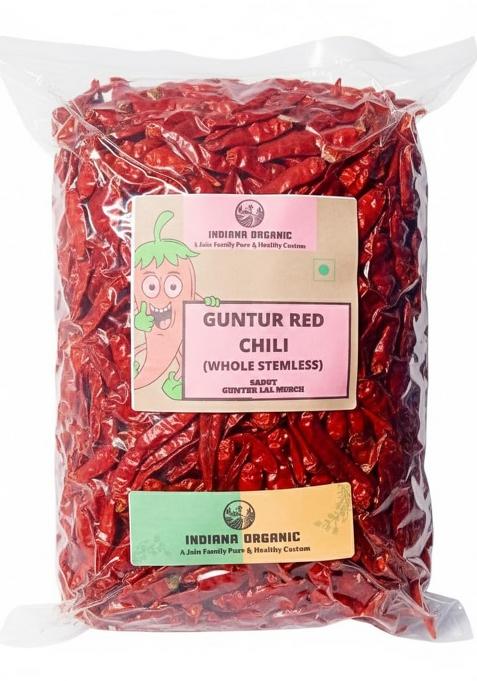 Indiana Organic Guntur Chilli Whole 300 G (Stemless) | Red Chillies Gram Extra Hot Chilli, (Vaccum Packed Air Tight)