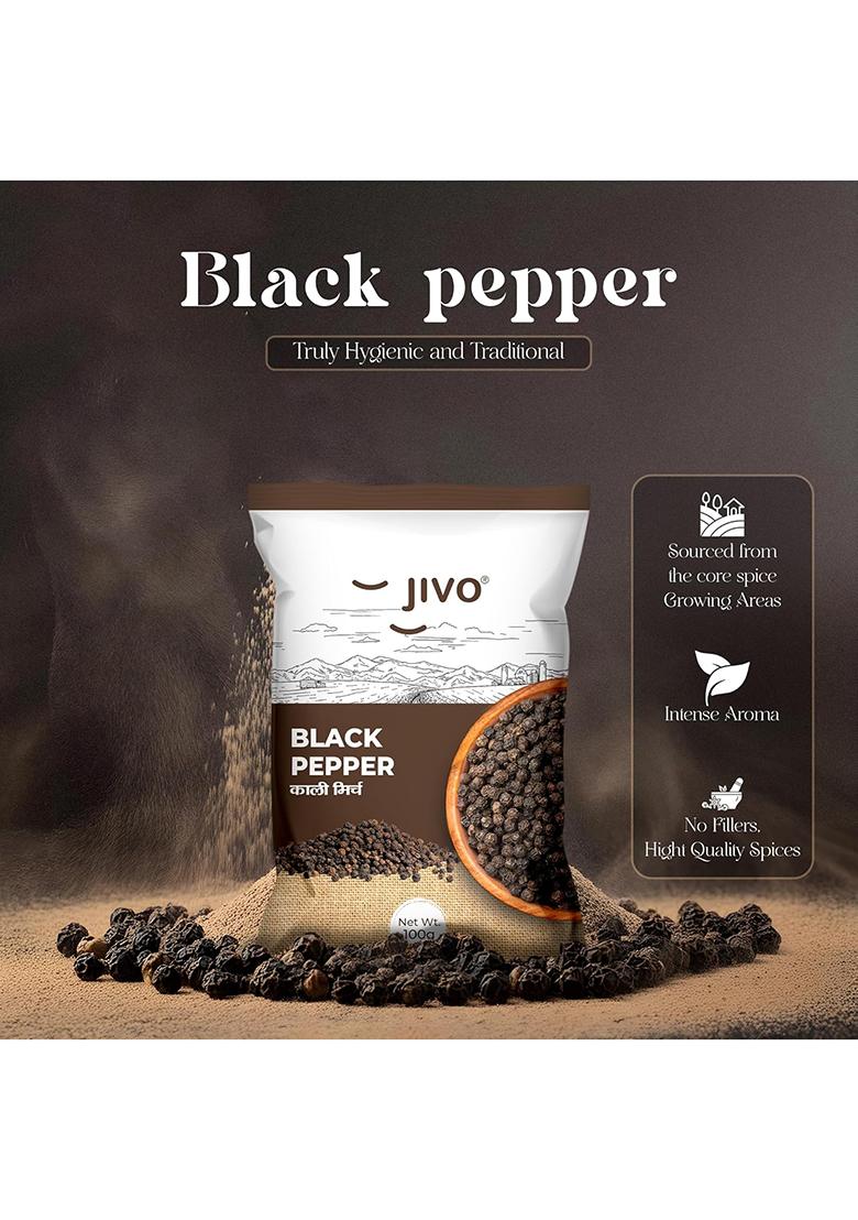 Jivo Black Pepper Whole Natural Peppercorns | Premium Kali Mirch Perfect For Cooking, Baking & Seasoning No Artificial Colors, Preservatives, Or Taste Enhancers Pepper- 100G
